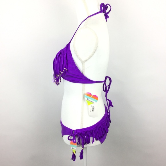 Raisins Bikini Swimsuit Purple Fringe Side Tie - Picture 3 of 7
